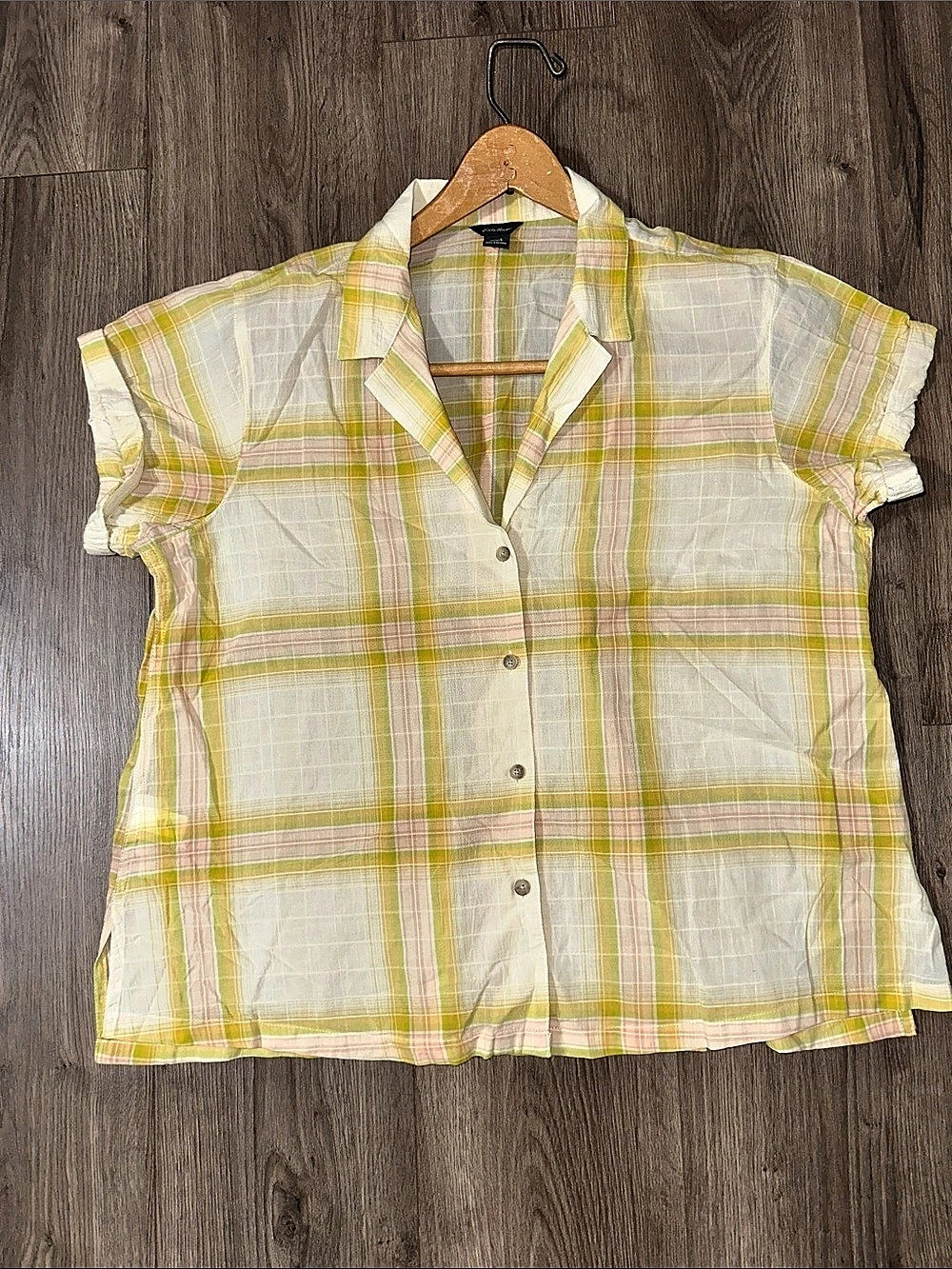 Eddie Bauer Carry-On Cotton Shirt Plaid Button Down Yellow & White Large